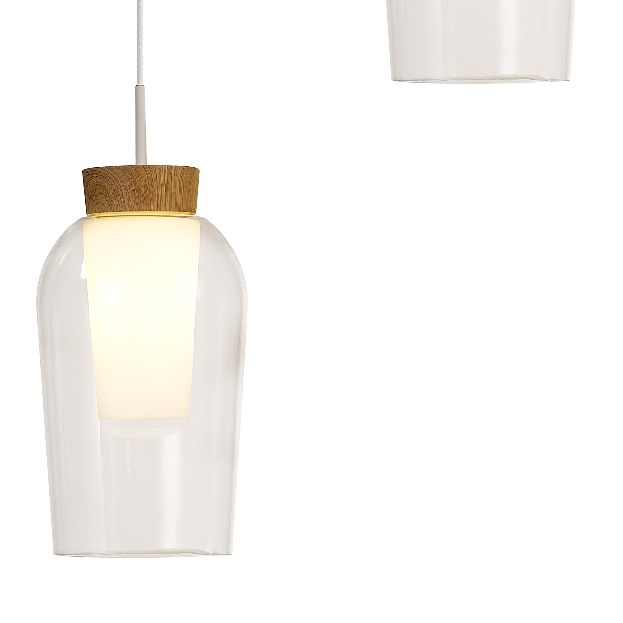 M8276 Nora 3 Light Round Pendant White/Wood/Clear Glass With Frosted Inner
