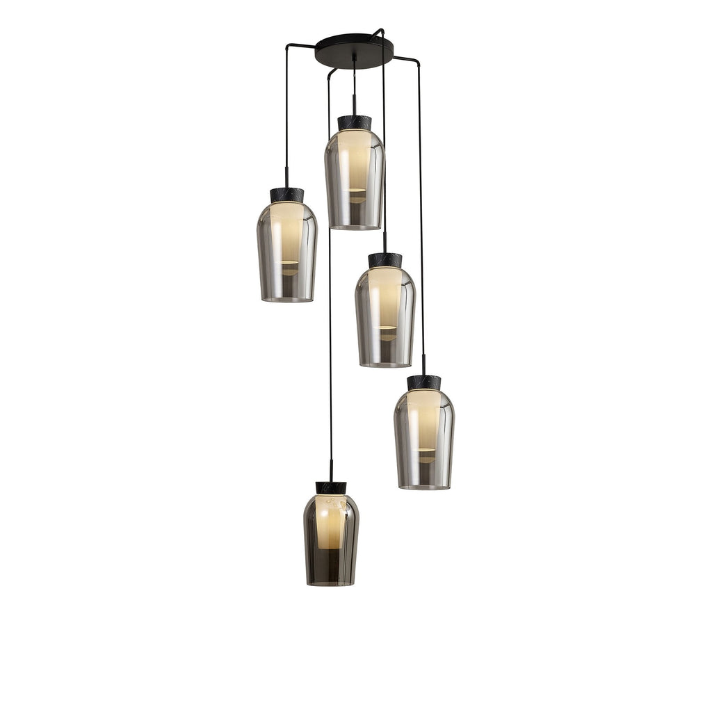 M8283 Nora 5 Light Round Pendant Black/Black Marble/Chrome Glass With Frosted Inner