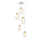 M8275 Nora 5 Light Round Pendant White/Wood/Clear Glass With Frosted Inner