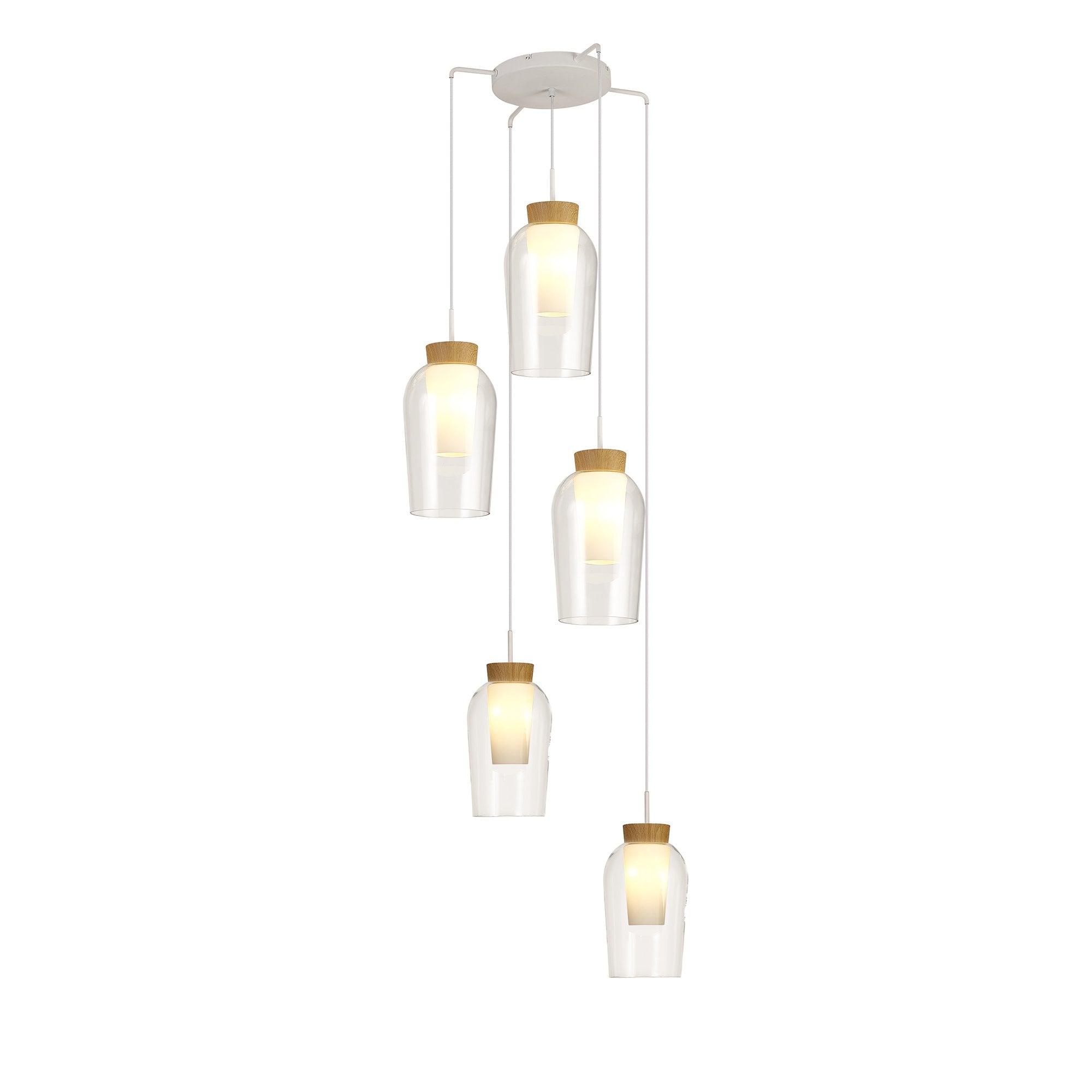 M8275 Nora 5 Light Round Pendant White/Wood/Clear Glass With Frosted Inner