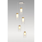 M8275 Nora 5 Light Round Pendant White/Wood/Clear Glass With Frosted Inner