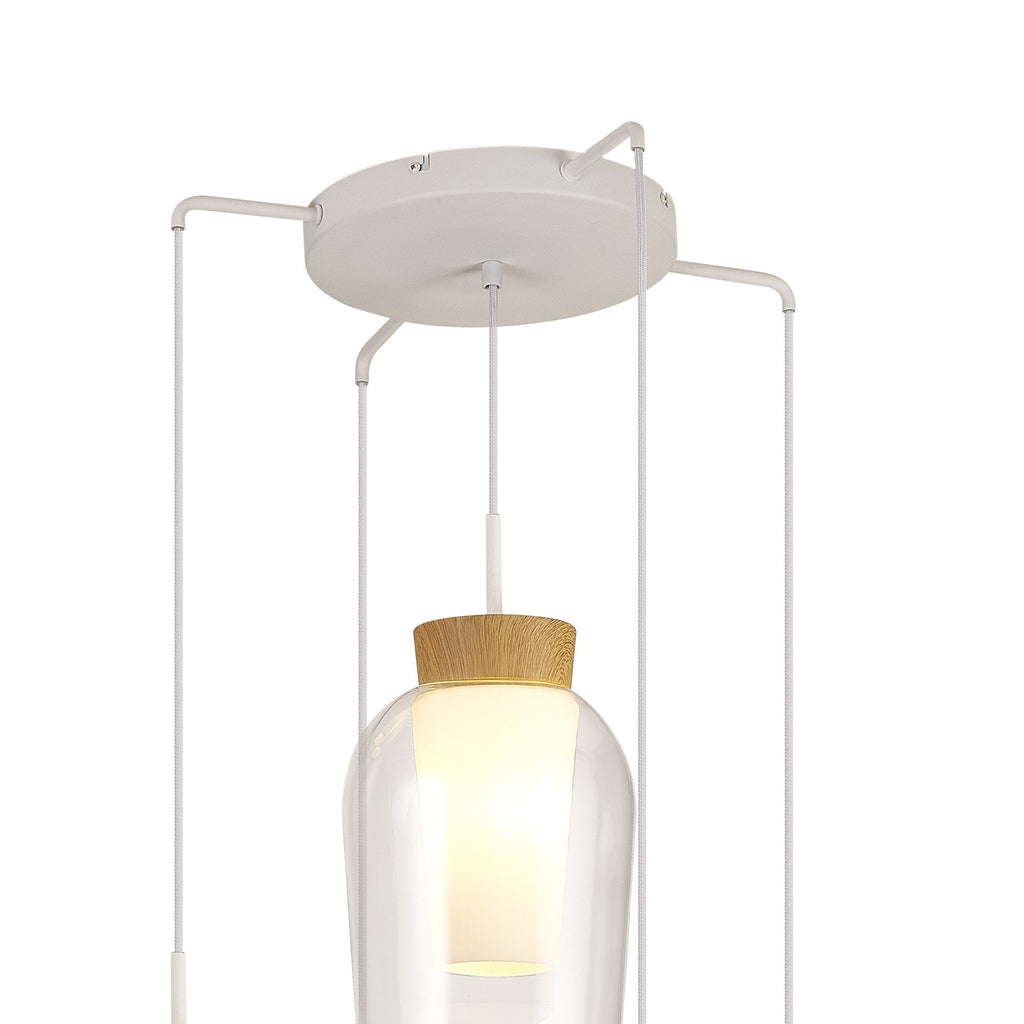 M8275 Nora 5 Light Round Pendant White/Wood/Clear Glass With Frosted Inner