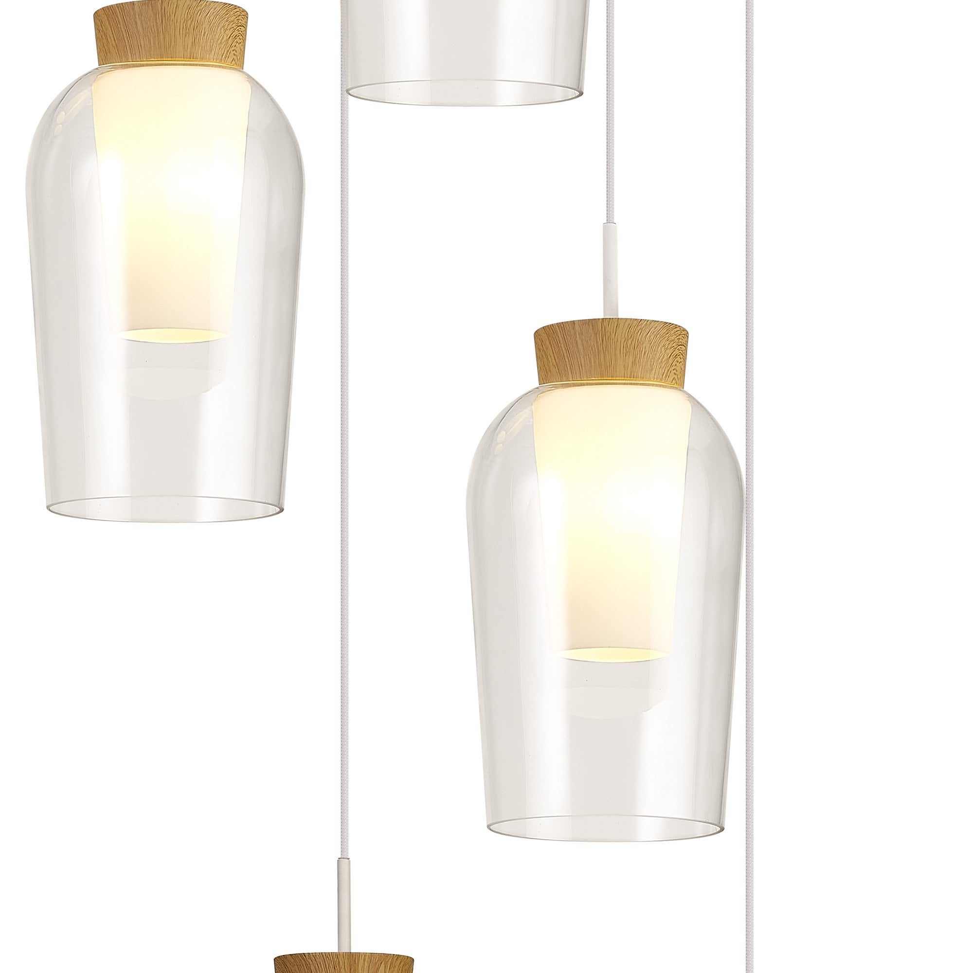M8275 Nora 5 Light Round Pendant White/Wood/Clear Glass With Frosted Inner