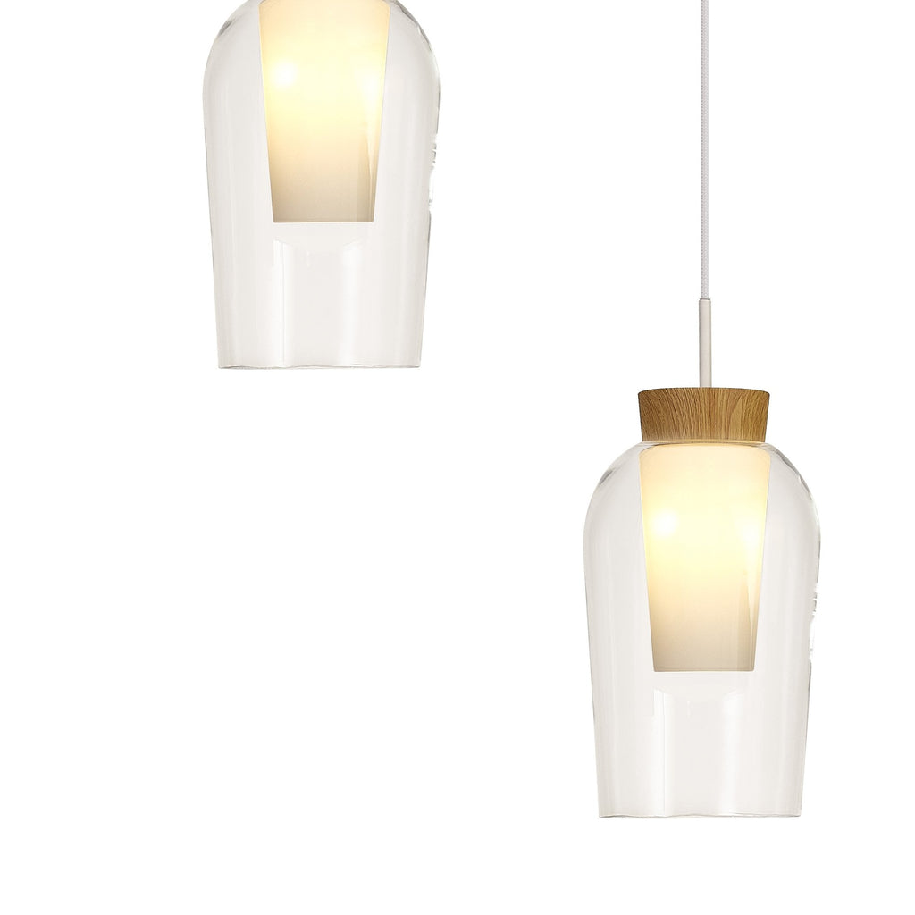 M8275 Nora 5 Light Round Pendant White/Wood/Clear Glass With Frosted Inner
