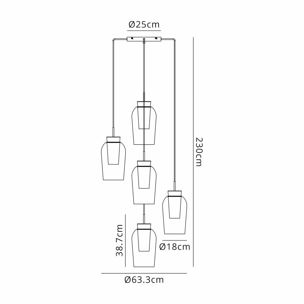 M8395 Nora 5 Light Round Pendant Gold/White/Clear Glass With Frosted Inner