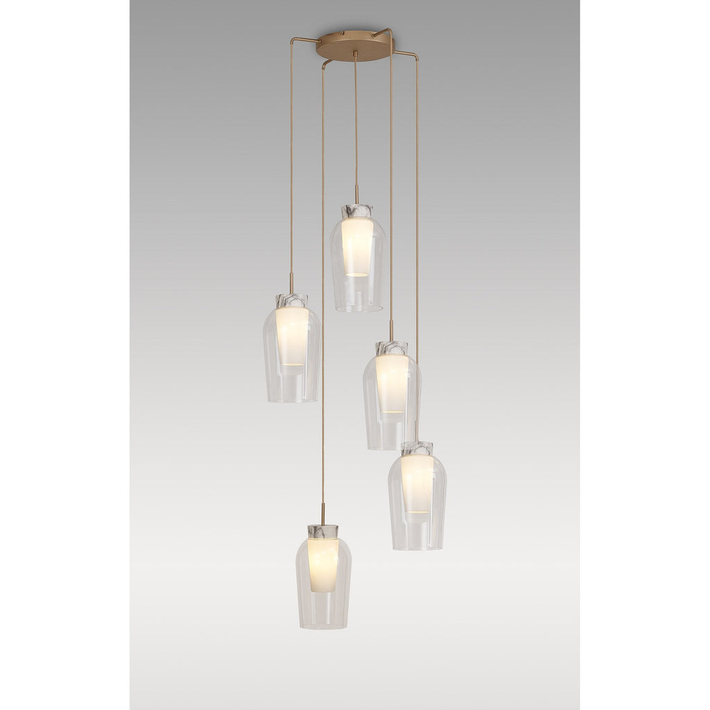M8395 Nora 5 Light Round Pendant Gold/White/Clear Glass With Frosted Inner