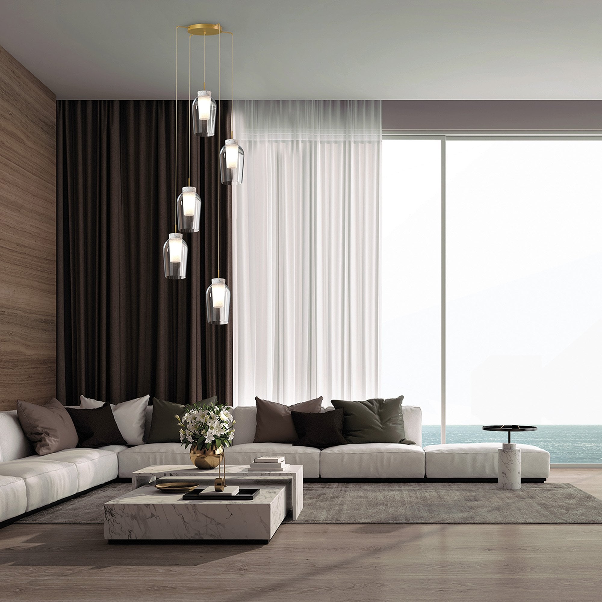 M8395 Nora 5 Light Round Pendant Gold/White/Clear Glass With Frosted Inner