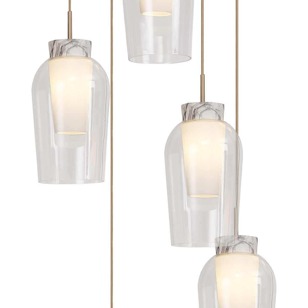 M8395 Nora 5 Light Round Pendant Gold/White/Clear Glass With Frosted Inner