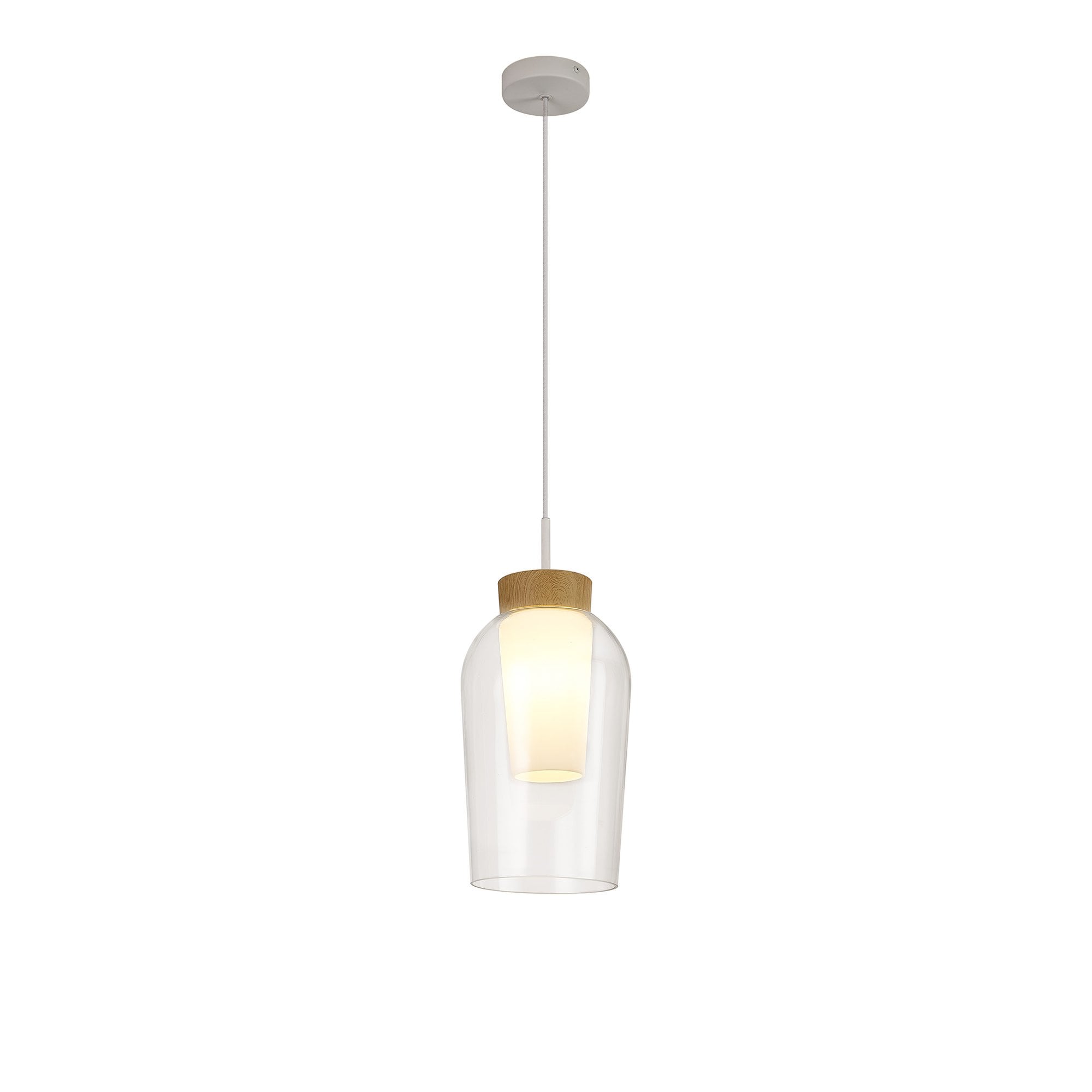 M8278 Nora Single Pendant White/Wood/Clear Glass With Frosted Inner