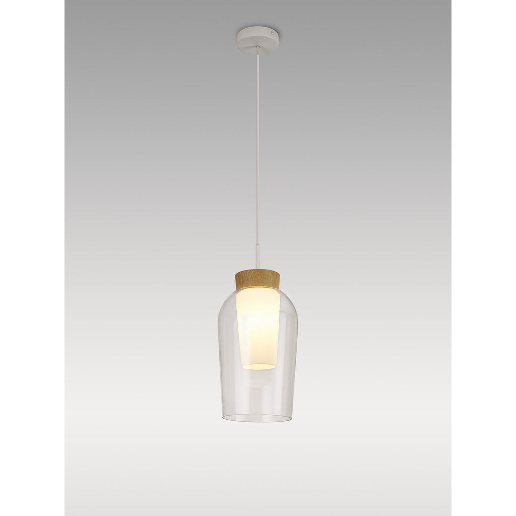 M8278 Nora Single Pendant White/Wood/Clear Glass With Frosted Inner