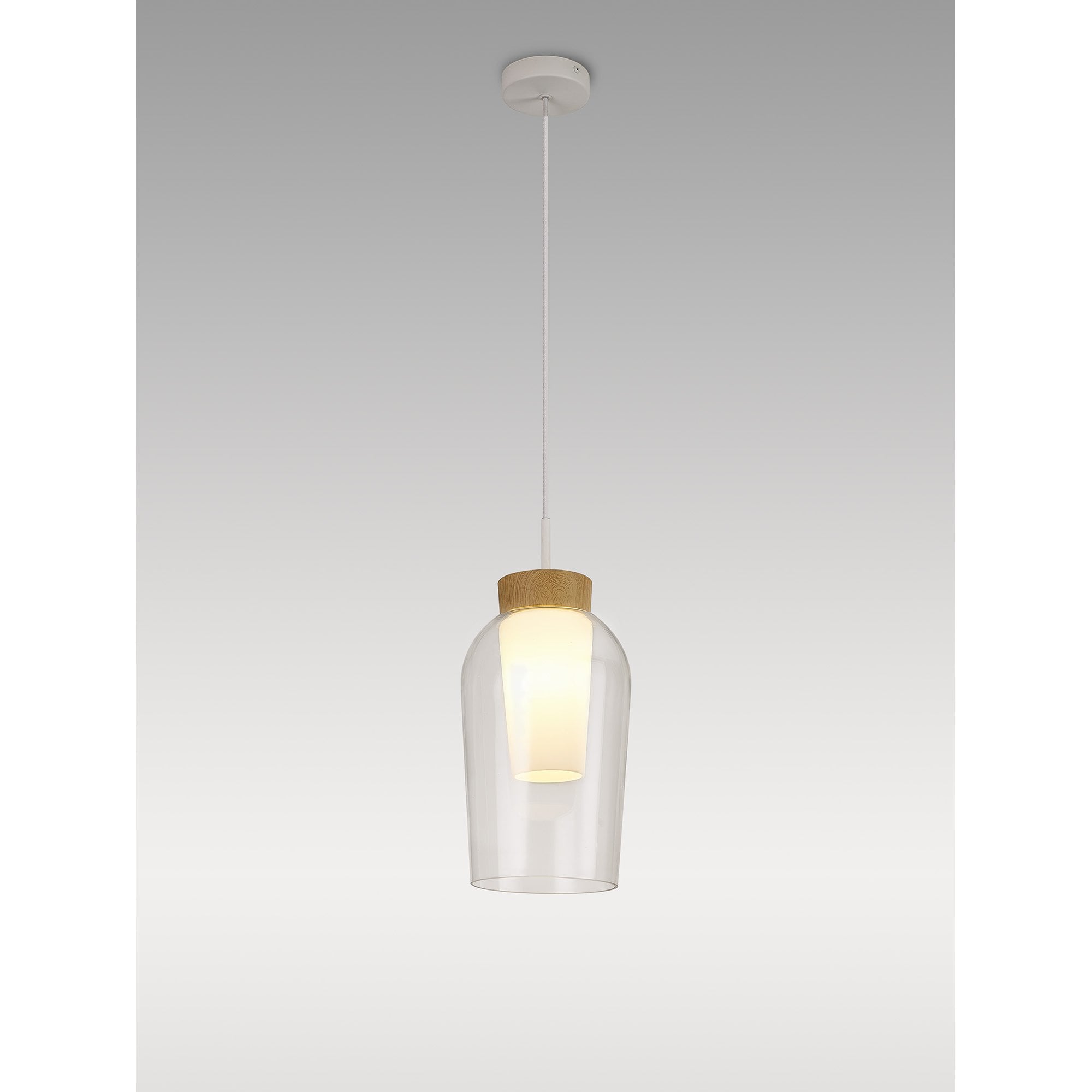 M8278 Nora Single Pendant White/Wood/Clear Glass With Frosted Inner