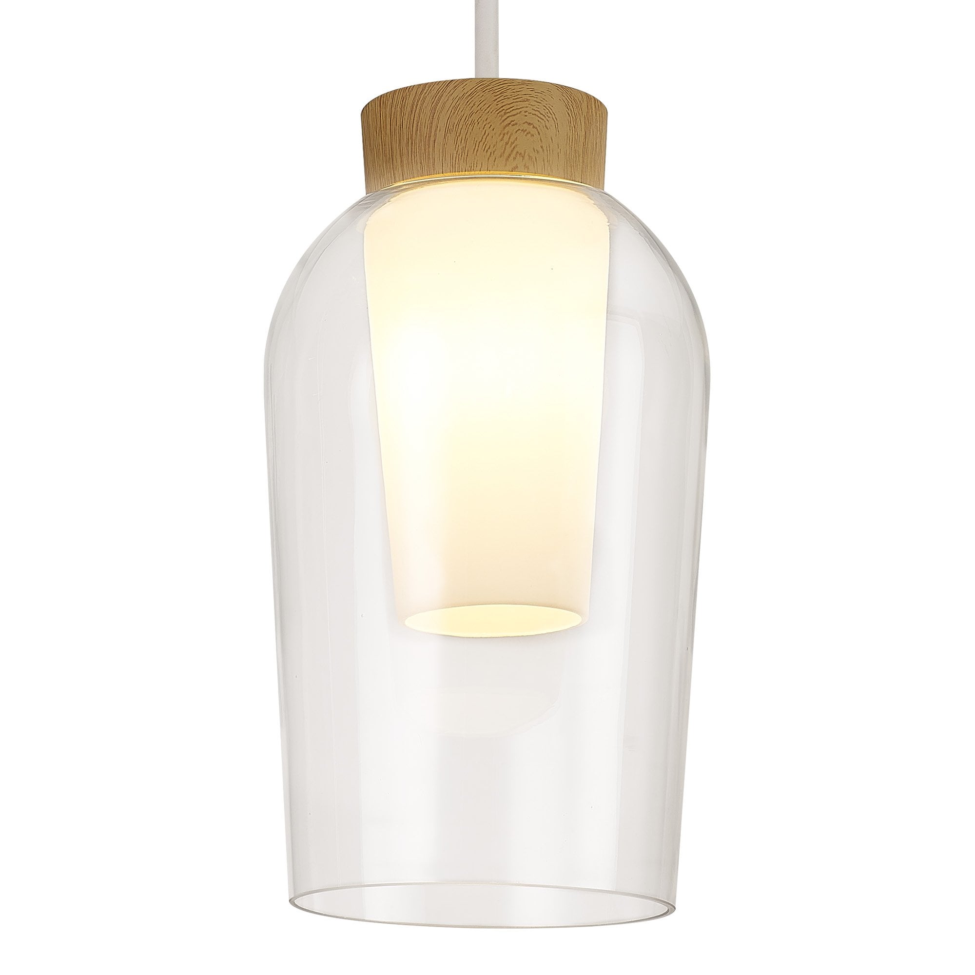 M8278 Nora Single Pendant White/Wood/Clear Glass With Frosted Inner