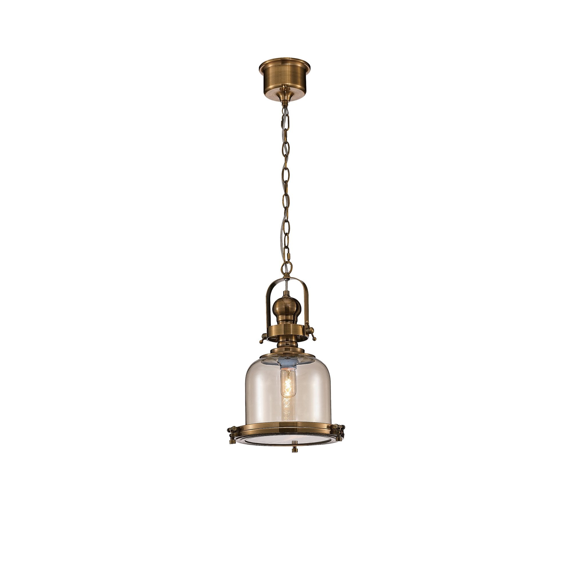 M4970 Vintage 26cm Bell Pendant Antique Brass/Amber Glass