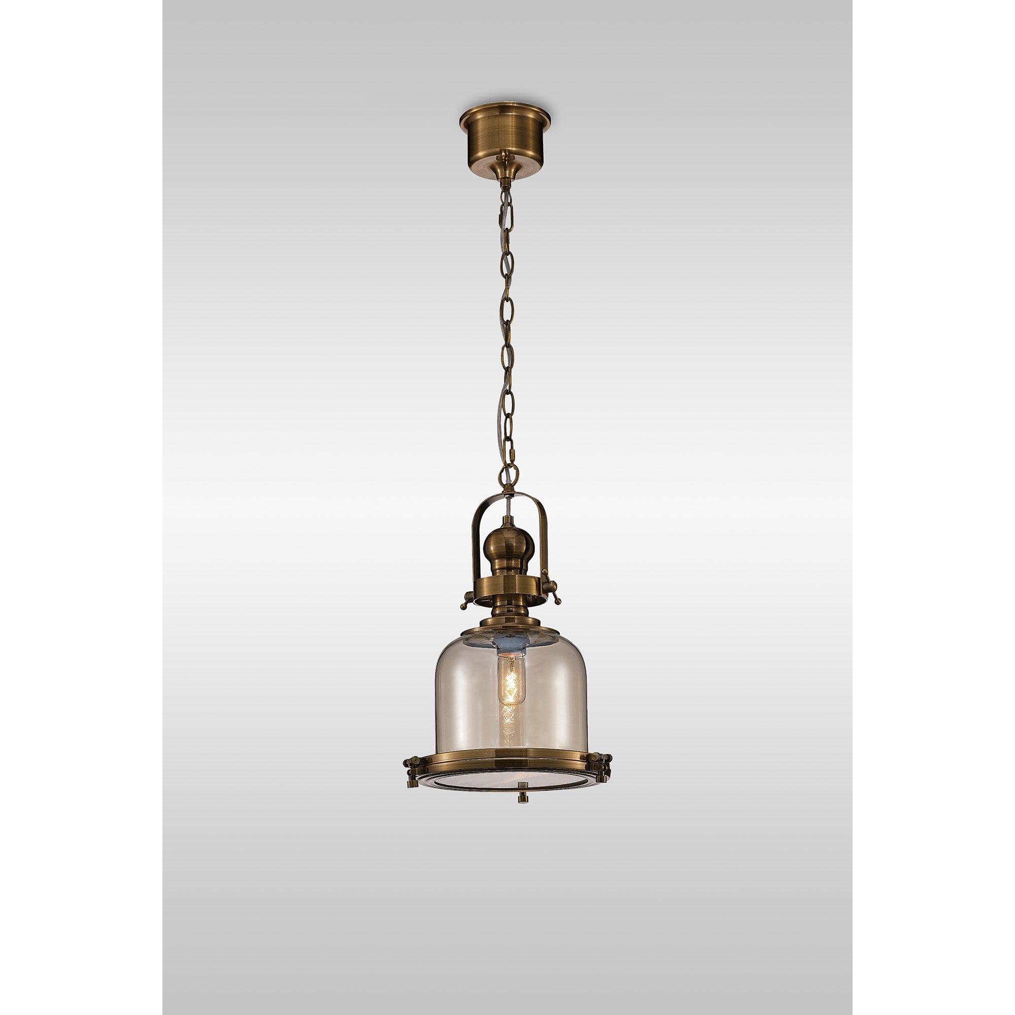 M4970 Vintage 26cm Bell Pendant Antique Brass/Amber Glass