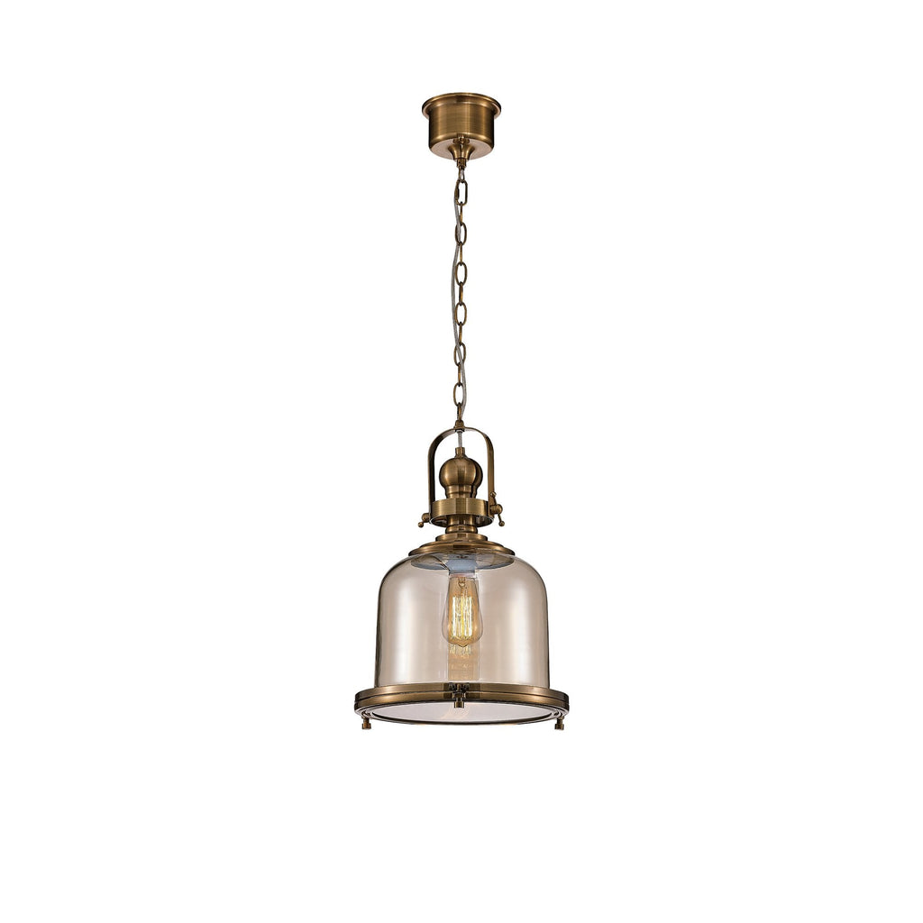 M4971 Vintage 33cm Bell Pendant Antique Brass/Amber Glass
