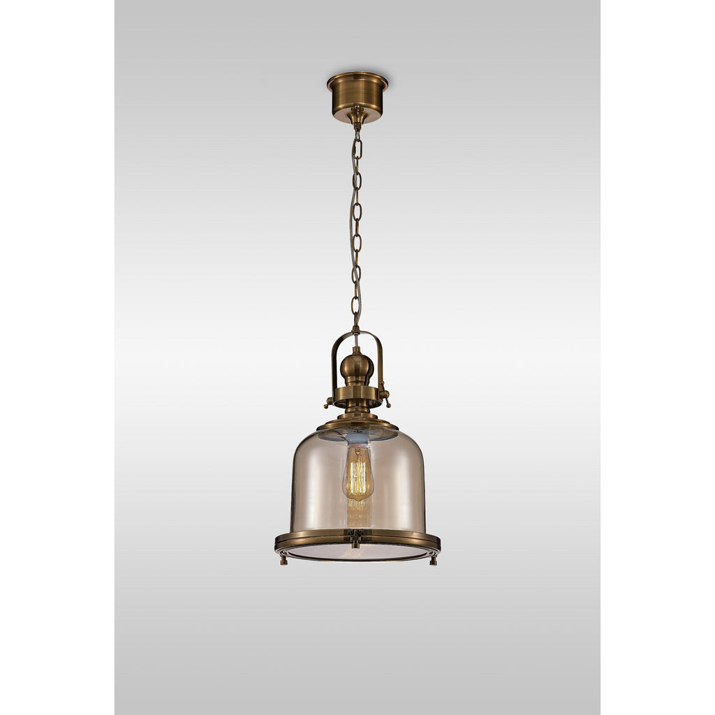 M4971 Vintage 33cm Bell Pendant Antique Brass/Amber Glass