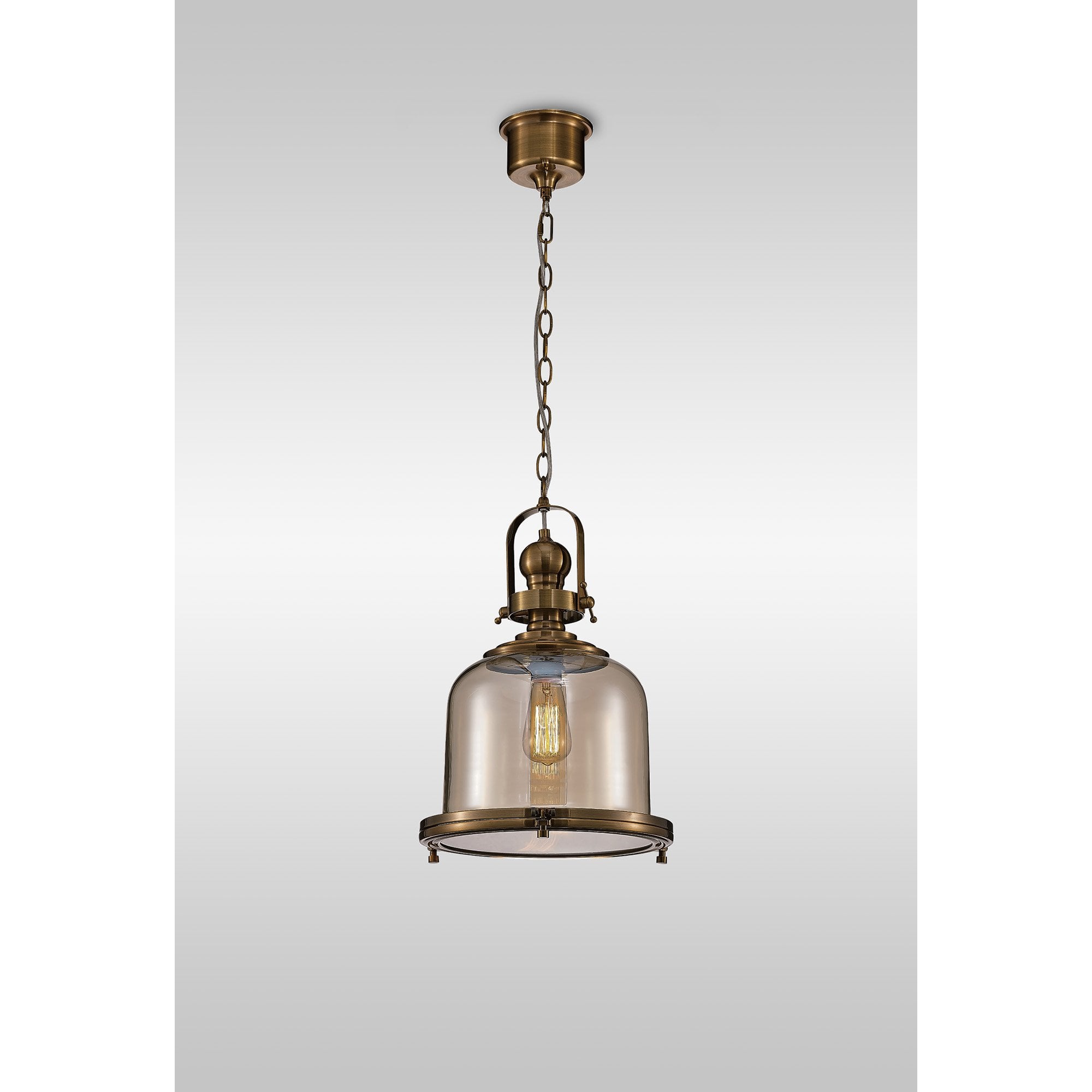 M4971 Vintage 33cm Bell Pendant Antique Brass/Amber Glass
