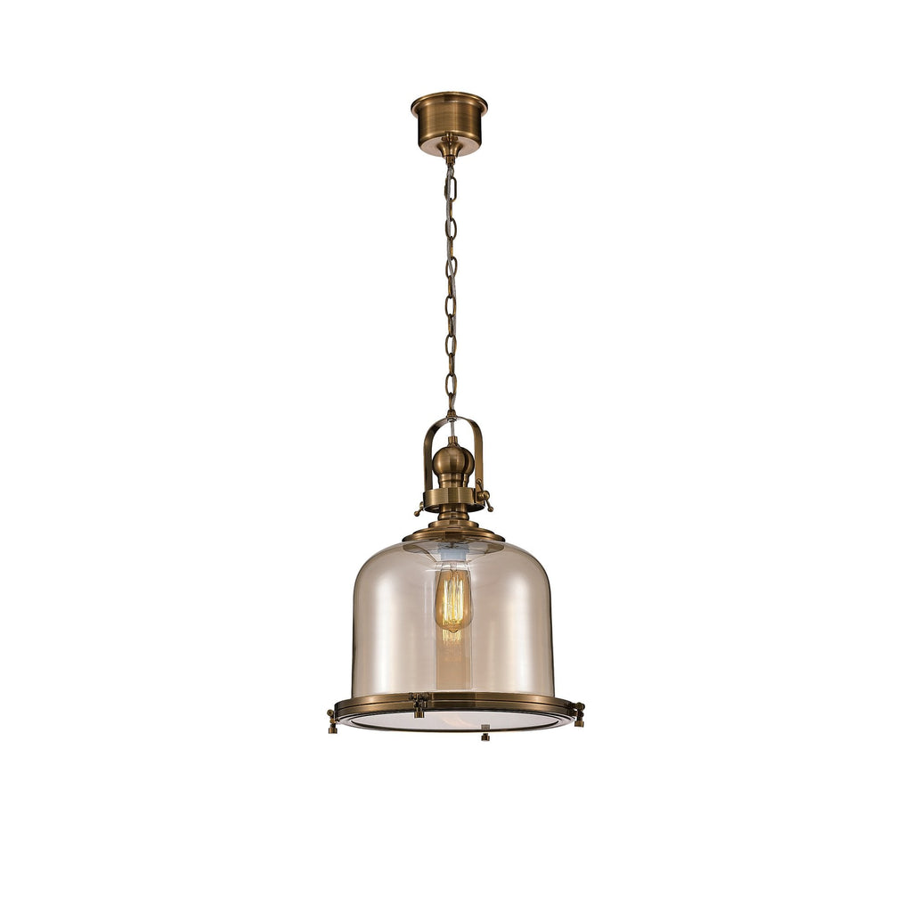 M4972 Vintage 38cm Bell Pendant Antique Brass/Amber Glass