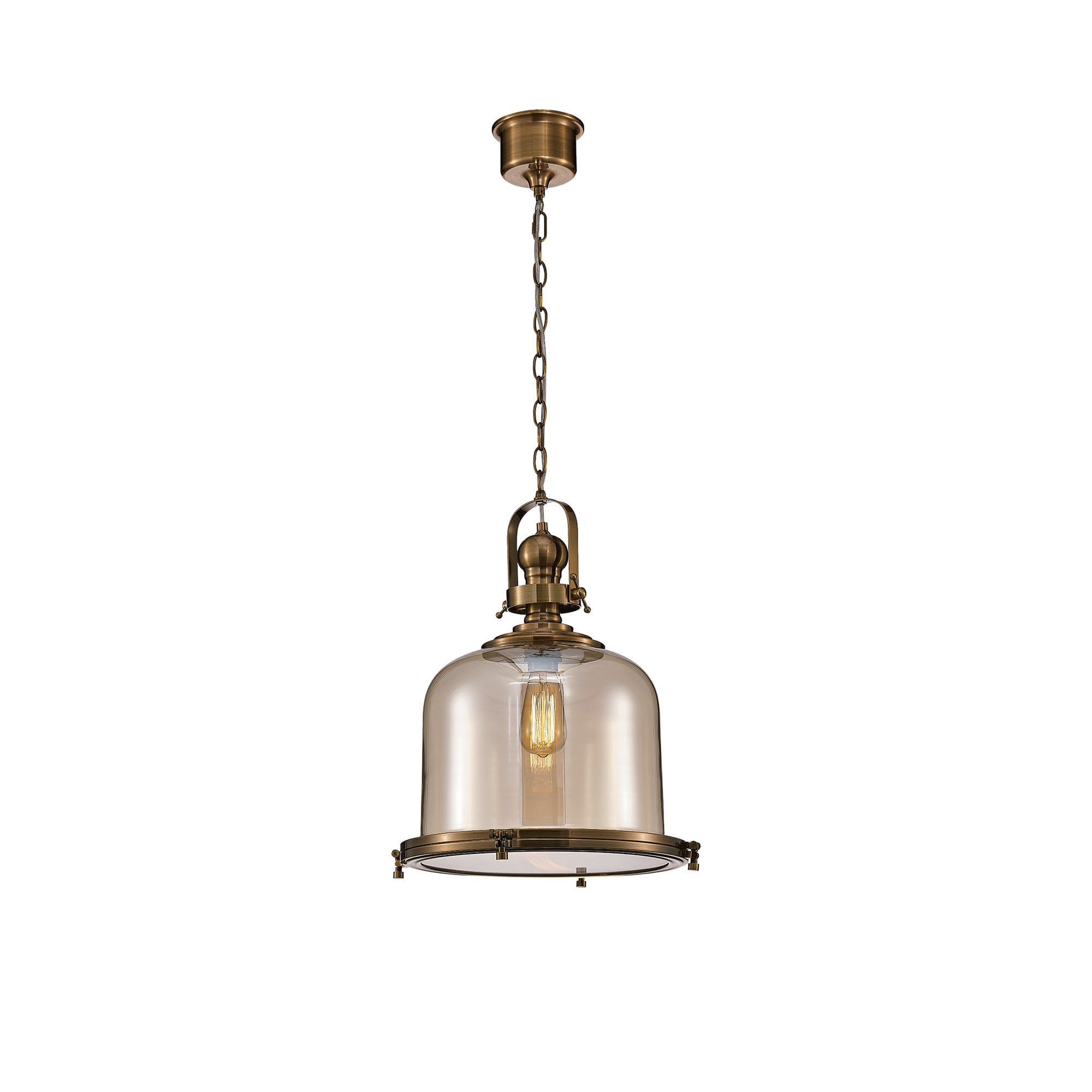 M4972 Vintage 38cm Bell Pendant Antique Brass/Amber Glass