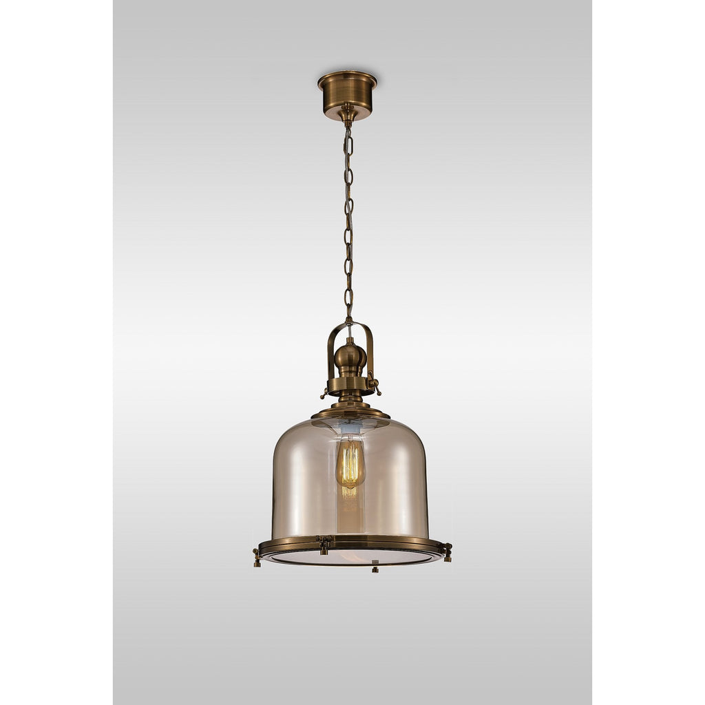 M4972 Vintage 38cm Bell Pendant Antique Brass/Amber Glass
