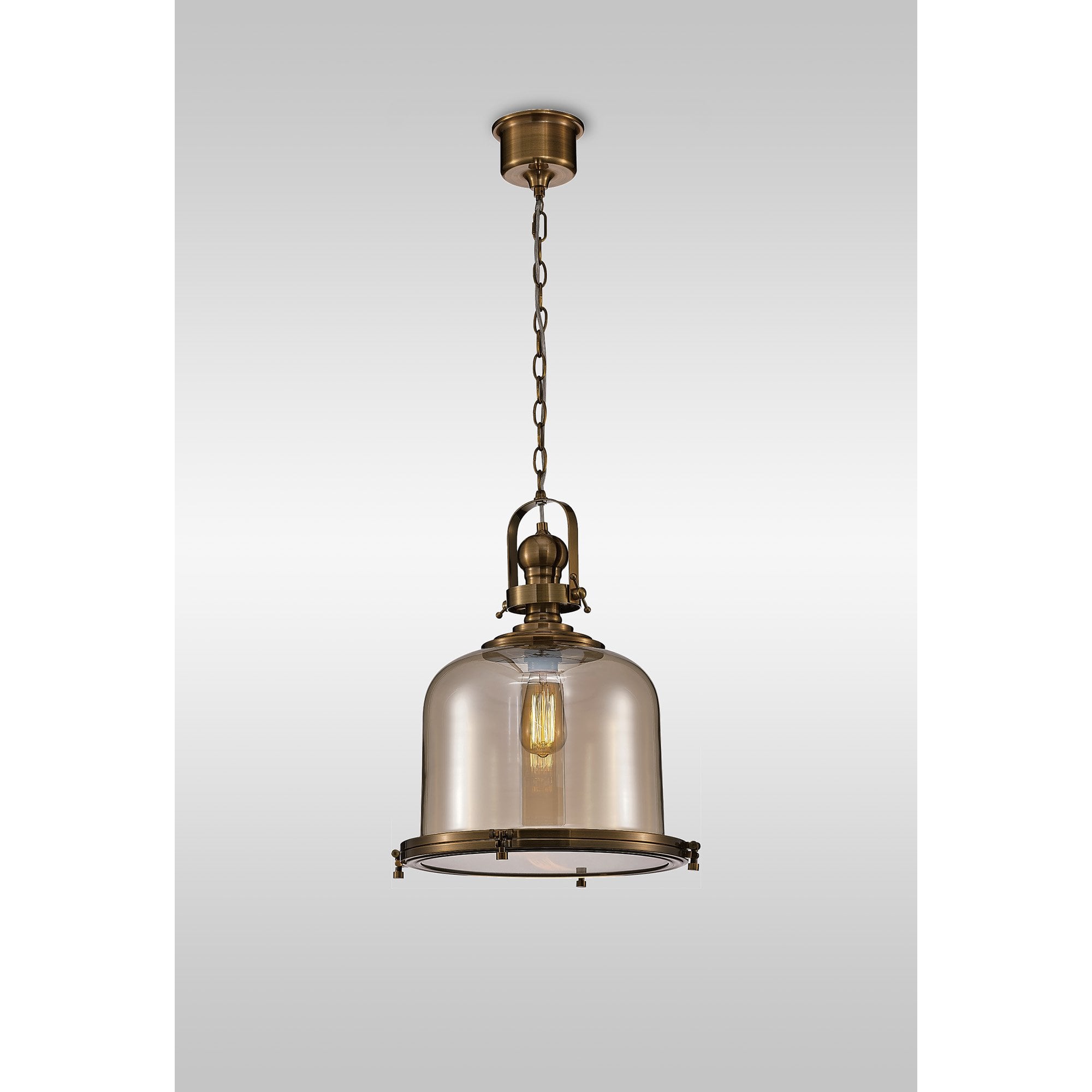 M4972 Vintage 38cm Bell Pendant Antique Brass/Amber Glass