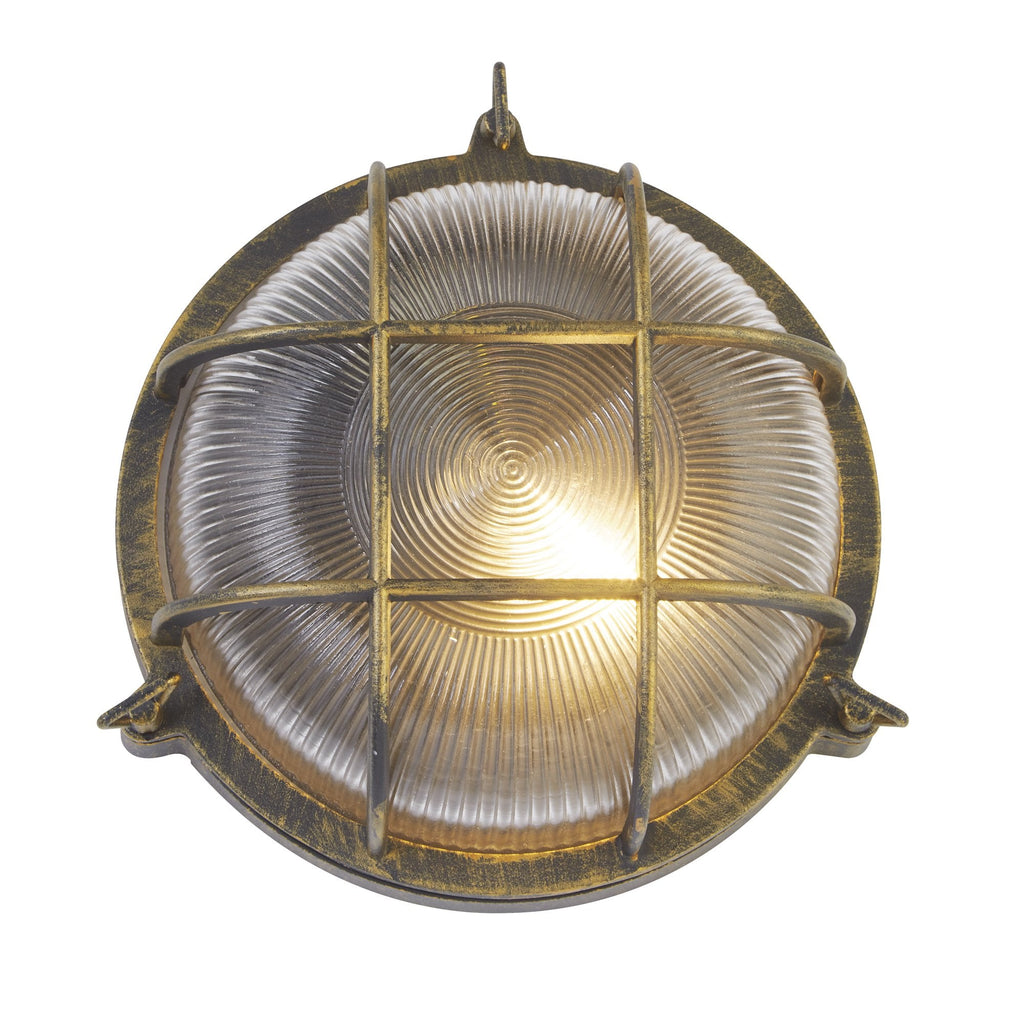 61401BG Bulkhead Round Outdoor Light Black Gold Metal Clear Glass