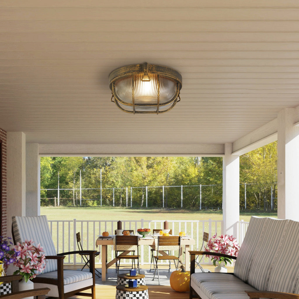 61401BG Bulkhead Round Outdoor Light Black Gold Metal Clear Glass