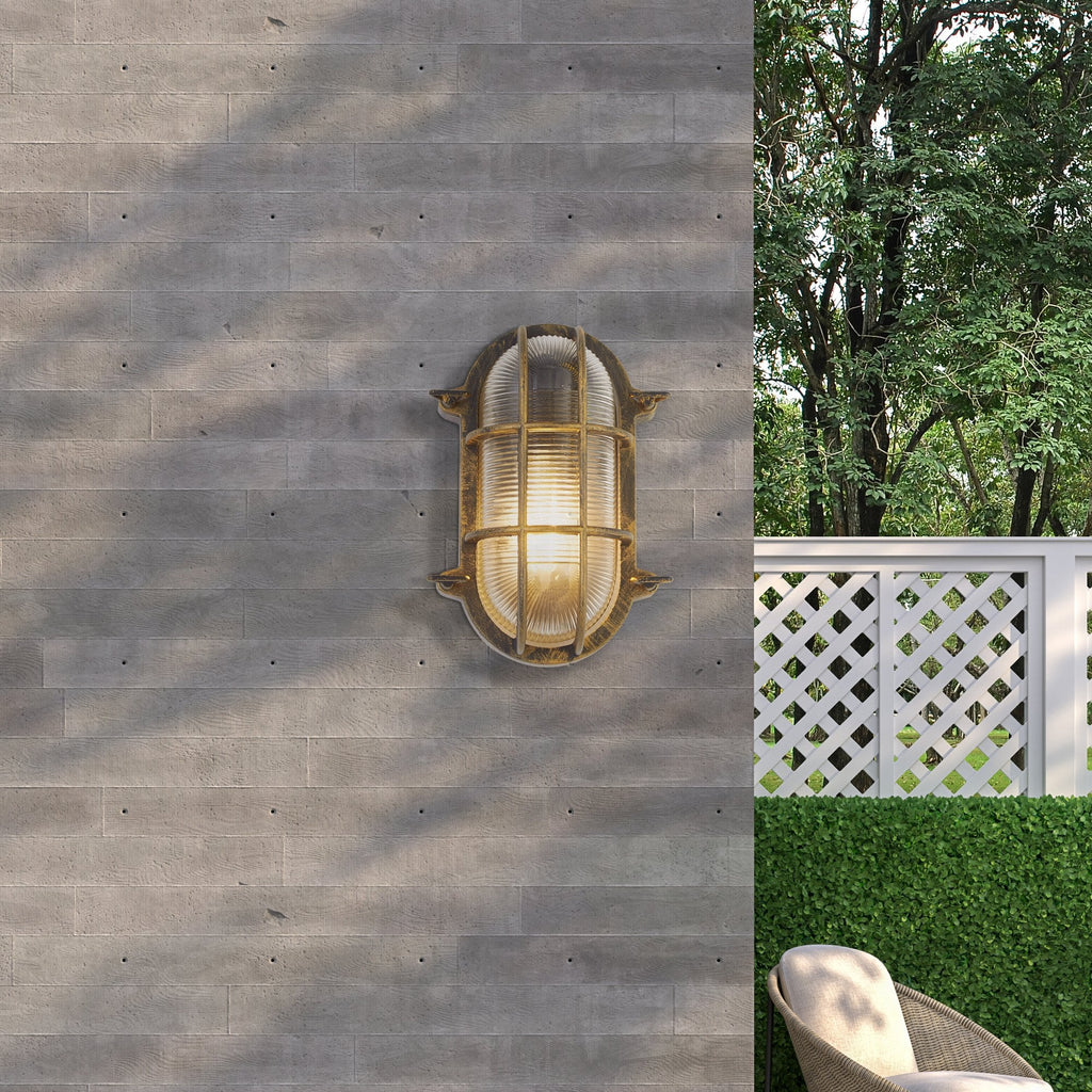 61402BG Bulkhead Oval Outdoor Light Black Gold Metal Clear Glass