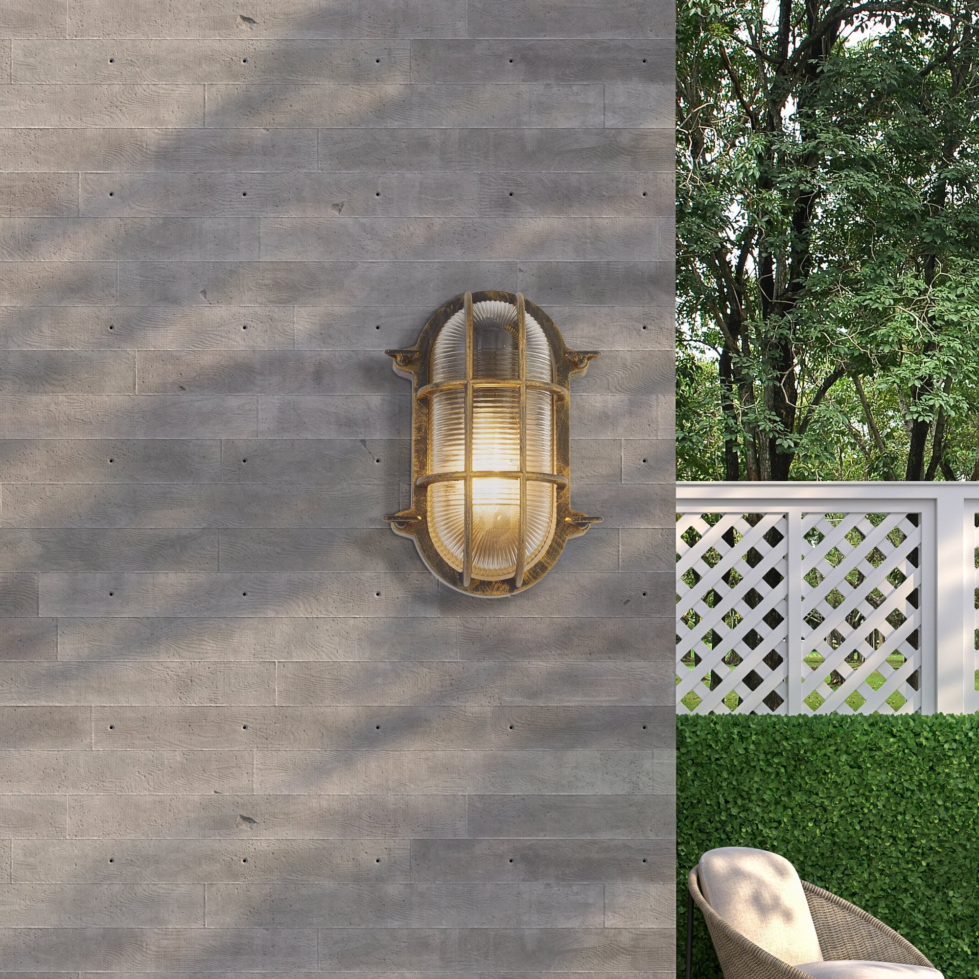 61402BG Bulkhead Oval Outdoor Light Black Gold Metal Clear Glass