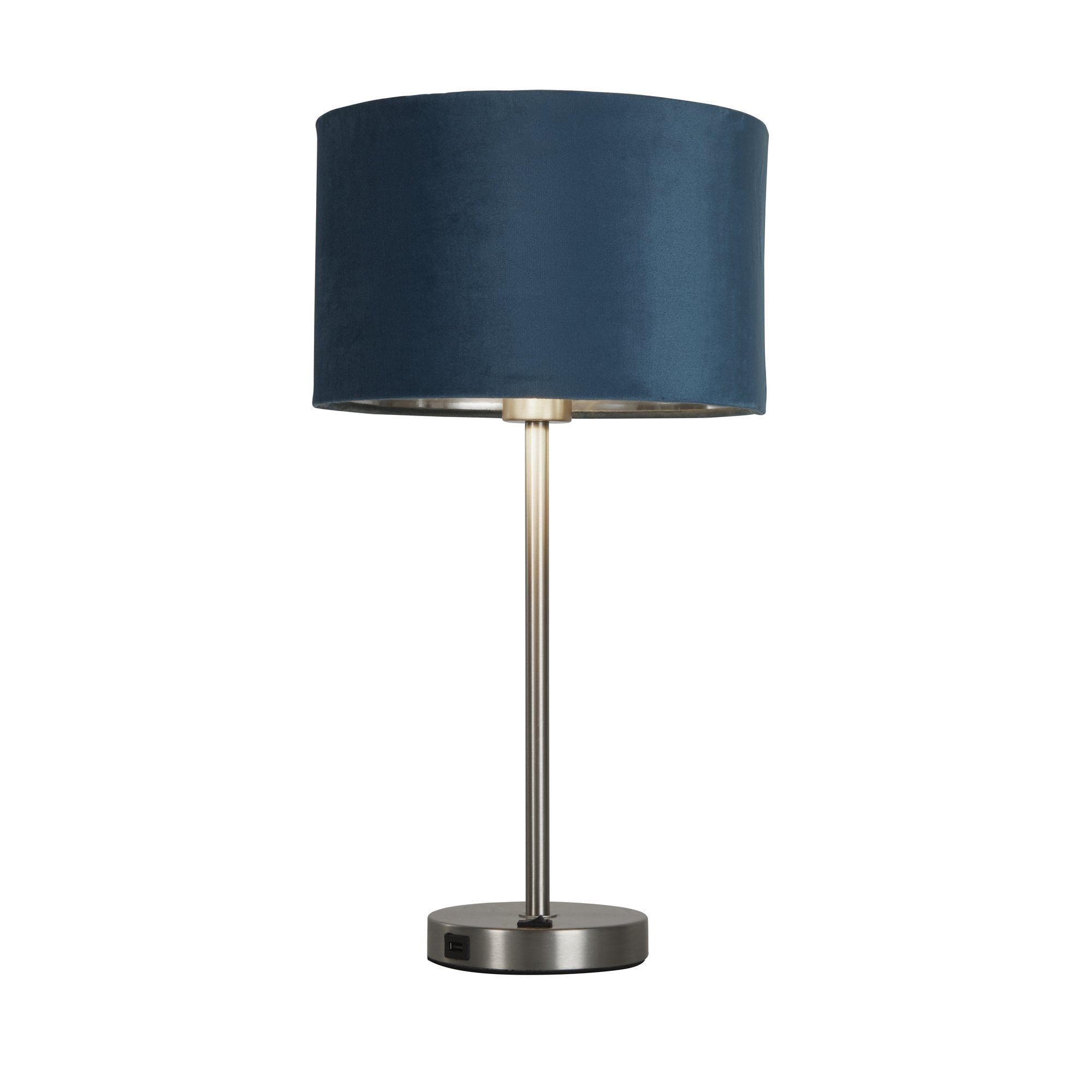 58911TE Finn USB Table Lamp Satin Nickel Metal Teal Velvet Shade