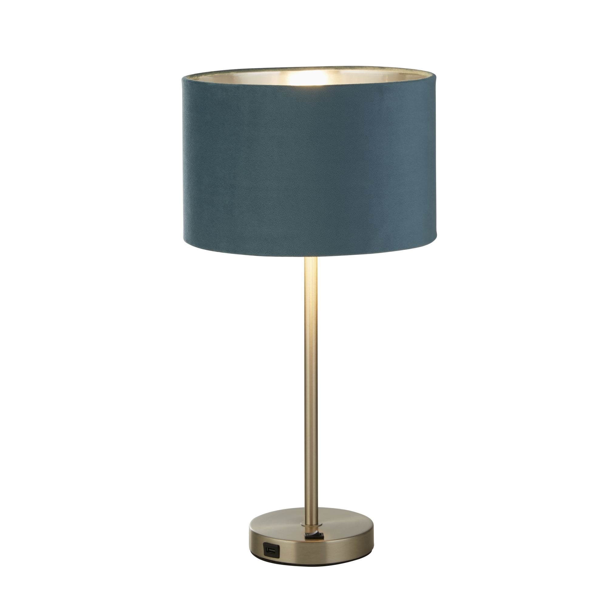 58911TE Finn USB Table Lamp Satin Nickel Metal Teal Velvet Shade