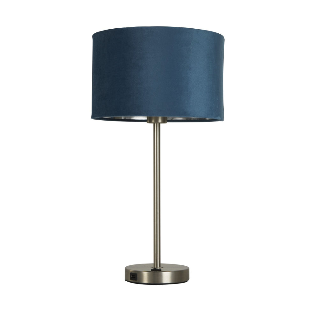 58911TE Finn USB Table Lamp Satin Nickel Metal Teal Velvet Shade