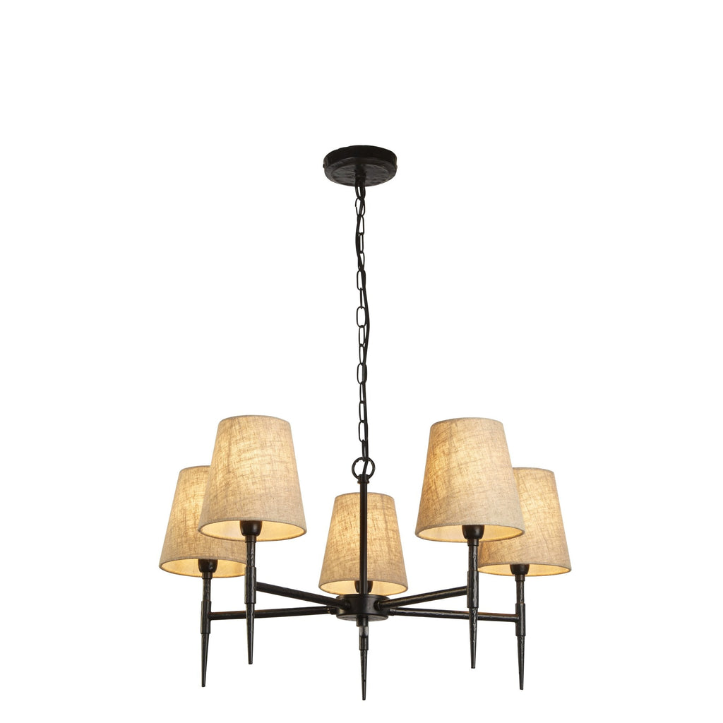30690-5BK Gothic 5 Light Pendant Hammered Black Metal Natural Linen