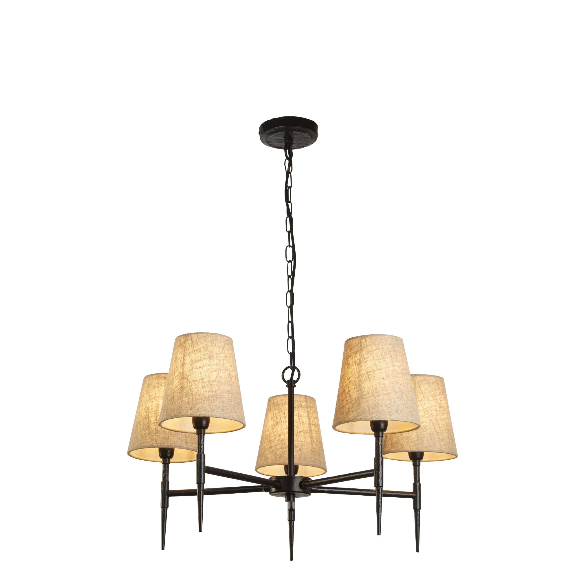 30690-5BK Gothic 5 Light Pendant Hammered Black Metal Natural Linen