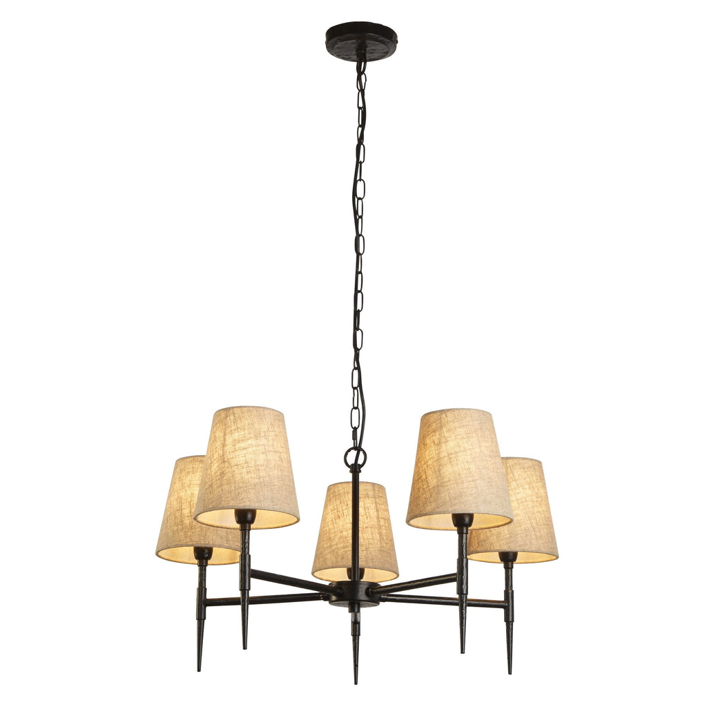 30690-5BK Gothic 5 Light Pendant Hammered Black Metal Natural Linen
