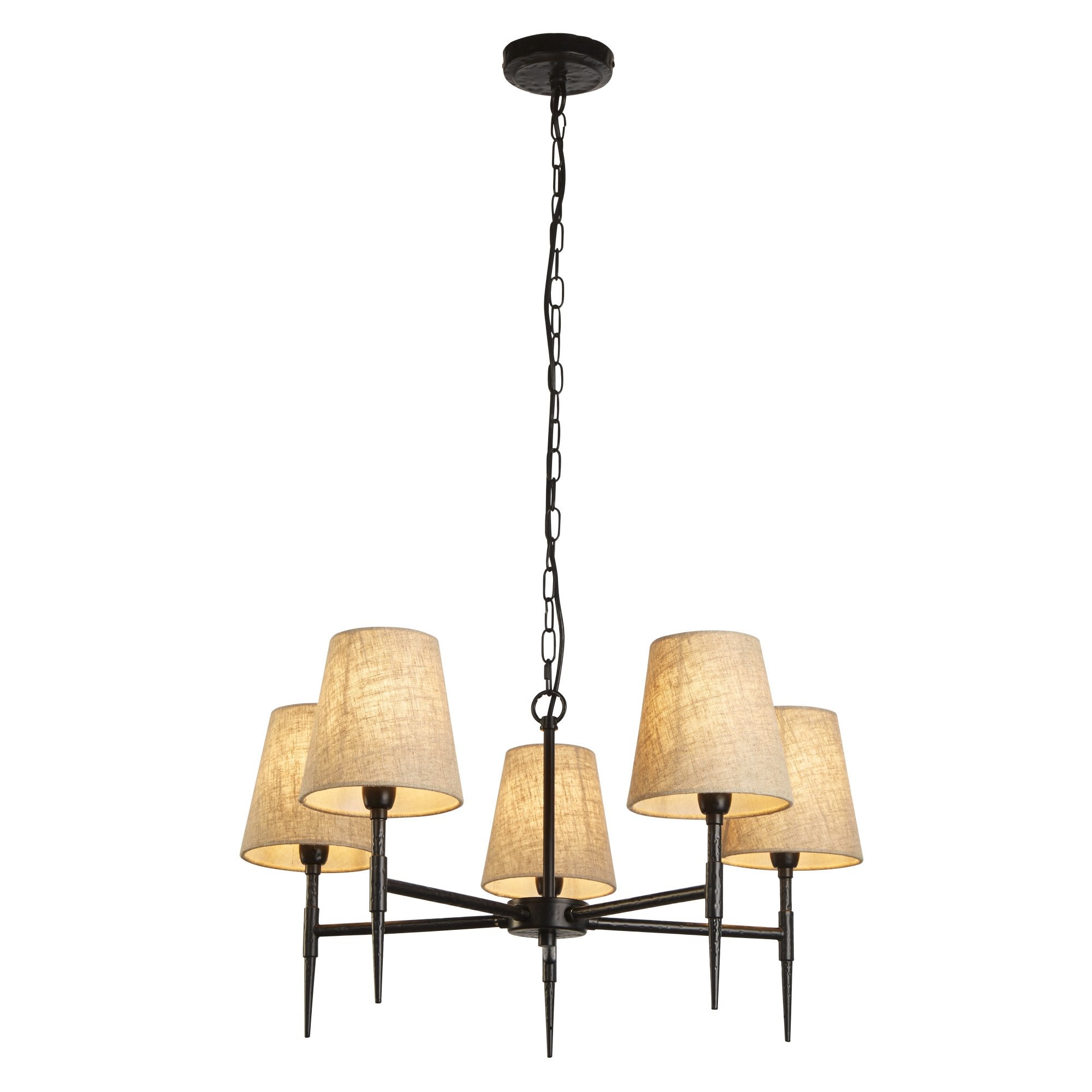 30690-5BK Gothic 5 Light Pendant Hammered Black Metal Natural Linen