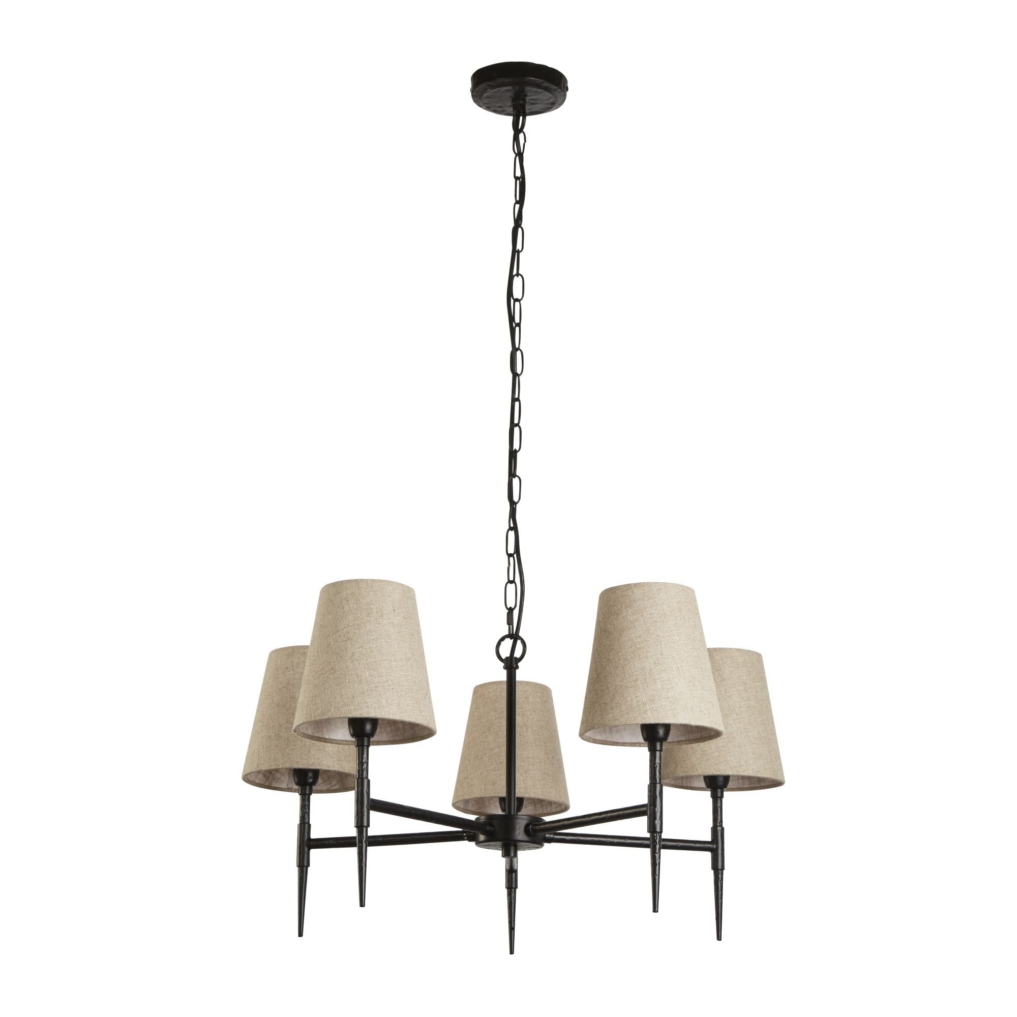 30690-5BK Gothic 5 Light Pendant Hammered Black Metal Natural Linen