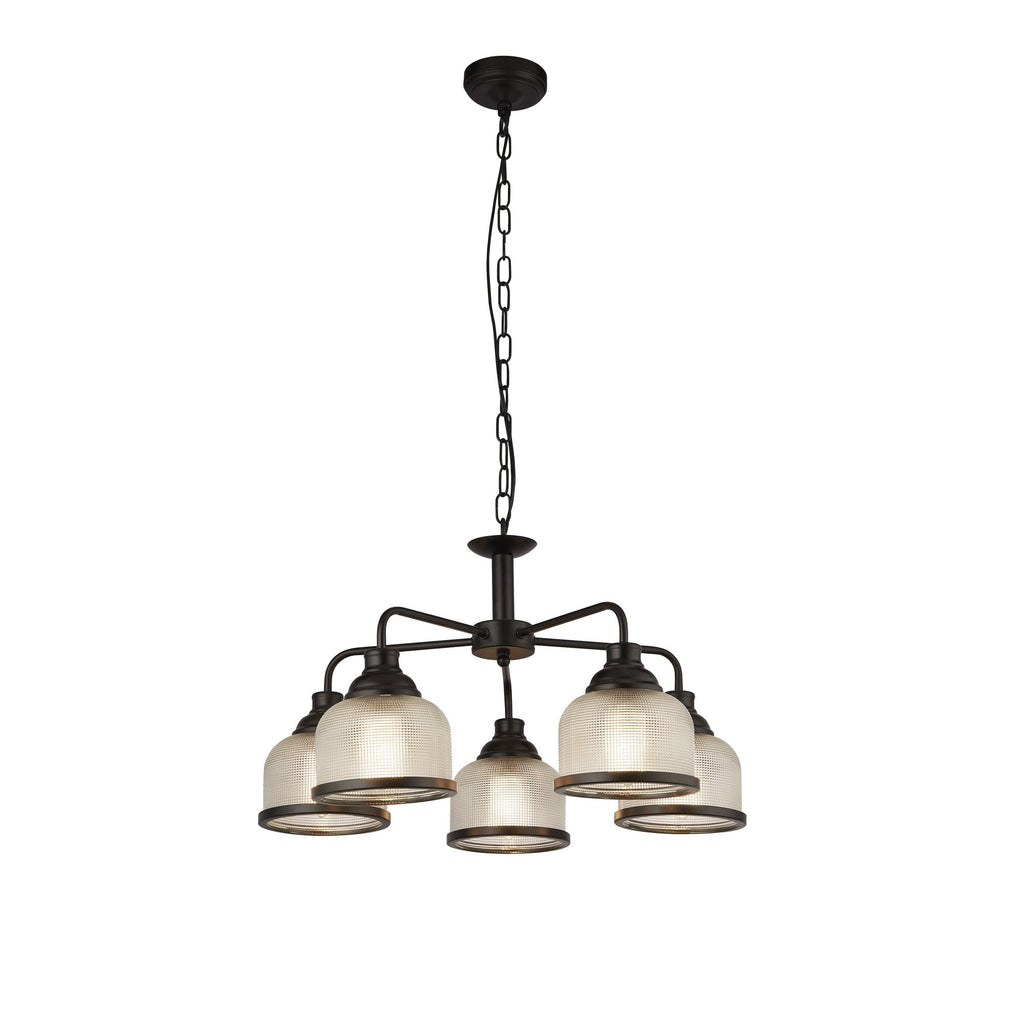 1685-5BK Highworth 5 Light Pendant Black Metal Holophane Style Glass