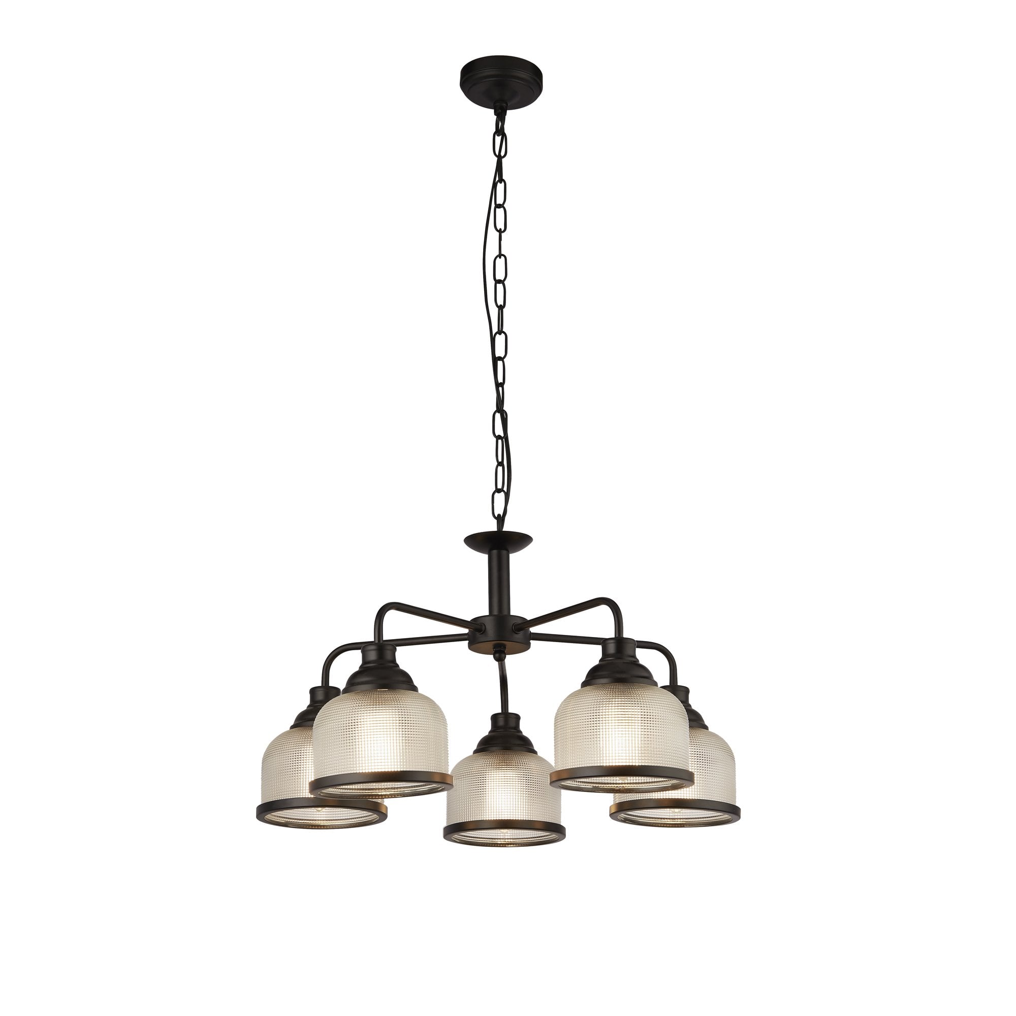 1685-5BK Highworth 5 Light Pendant Black Metal Holophane Style Glass