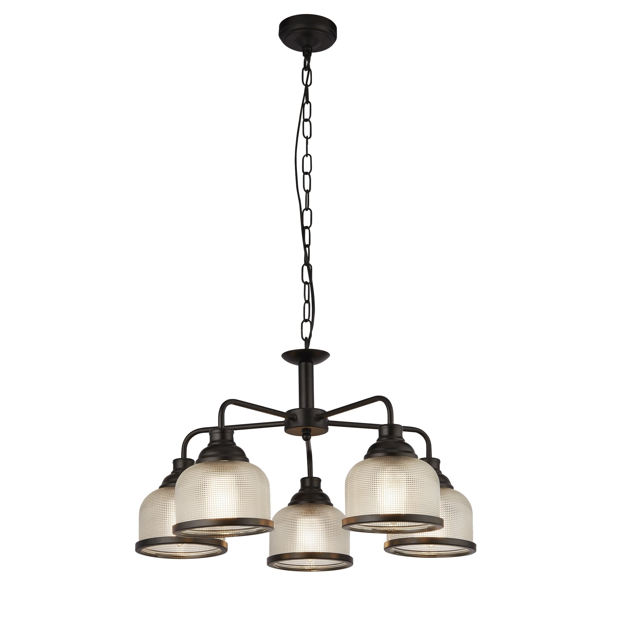 1685-5BK Highworth 5 Light Pendant Black Metal Holophane Style Glass