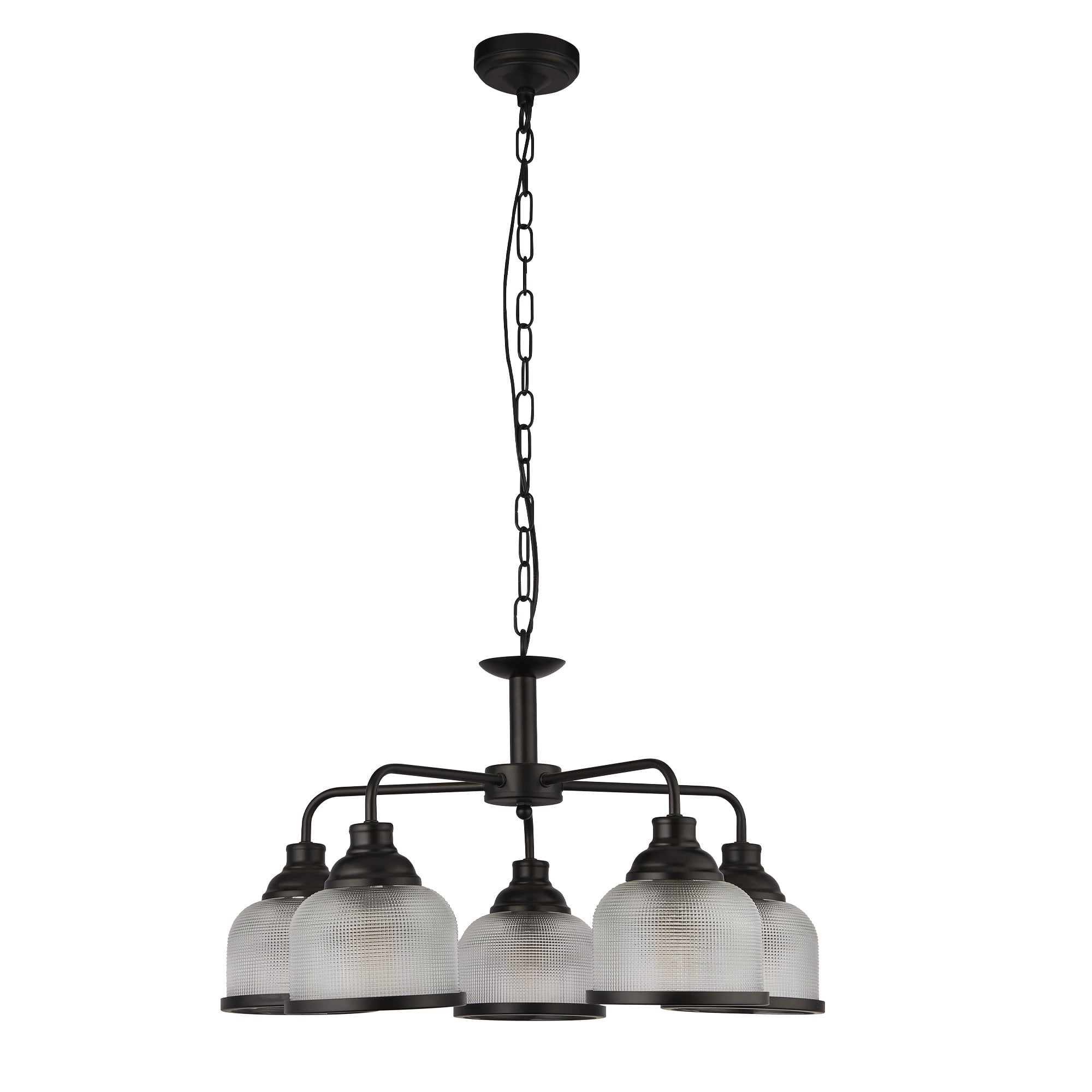 1685-5BK Highworth 5 Light Pendant Black Metal Holophane Style Glass