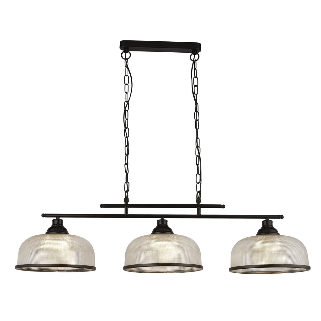 3593-3BK Highworth 3 Light Bar Pendant Black Metal Holophane Style Glass