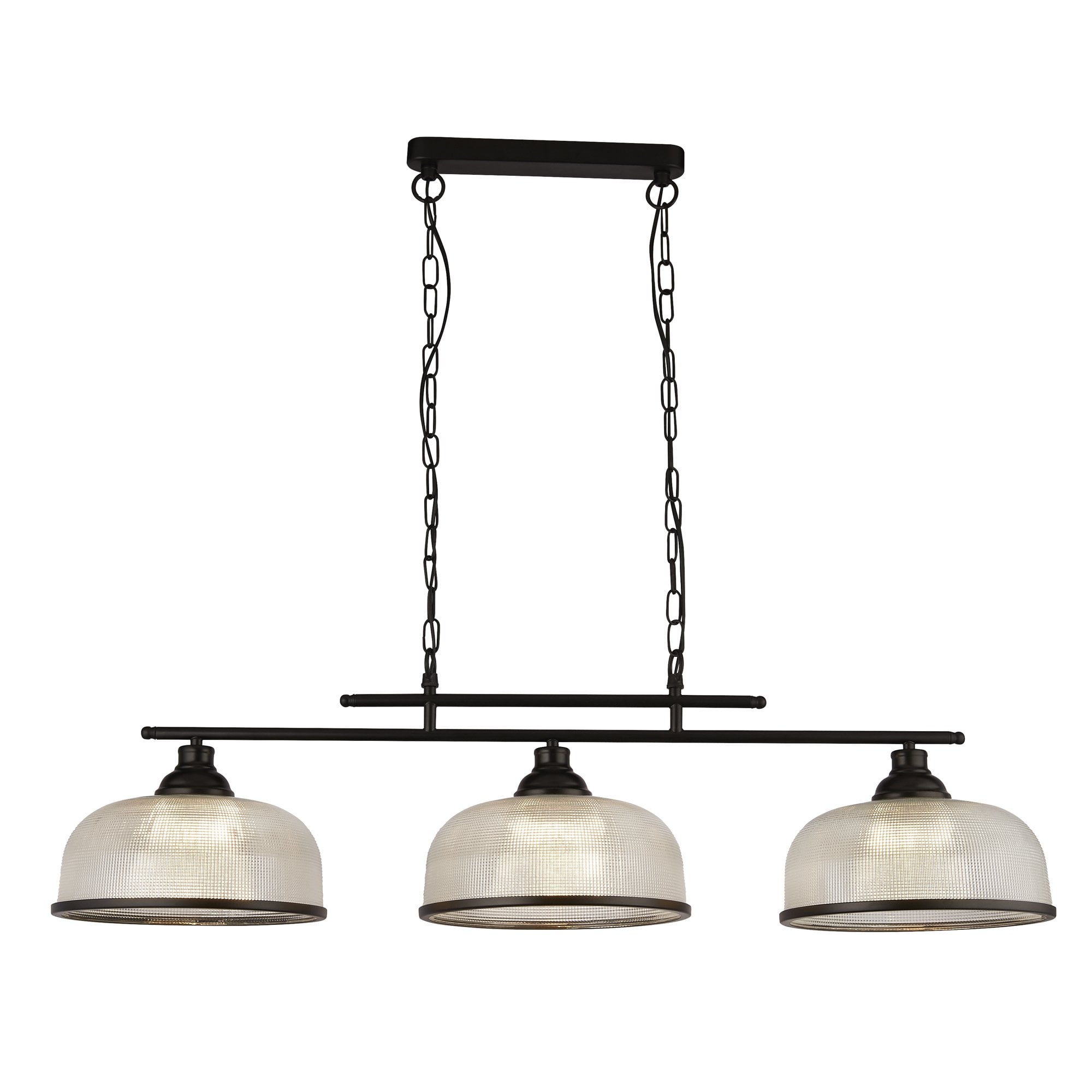 3593-3BK Highworth 3 Light Bar Pendant Black Metal Holophane Style Glass