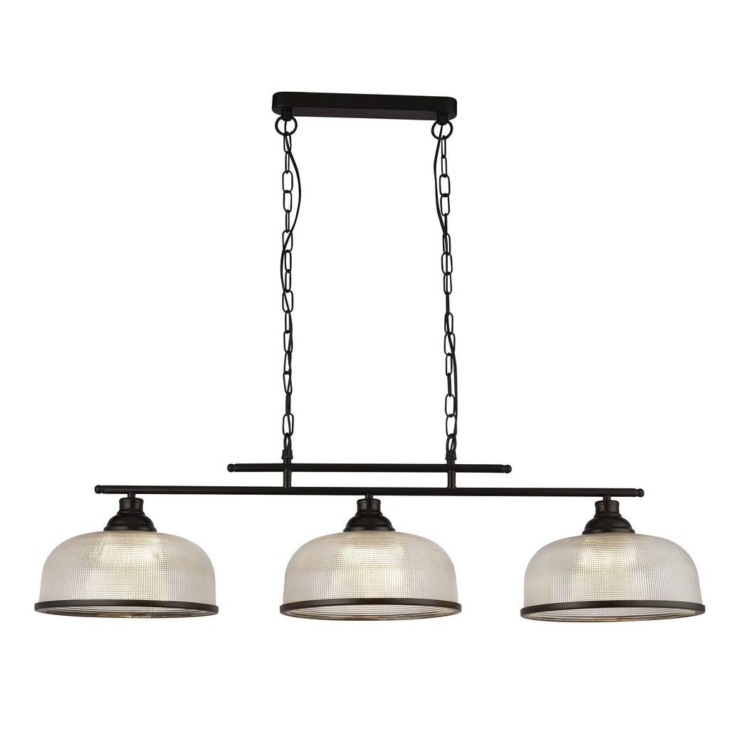 3593-3BK Highworth 3 Light Bar Pendant Black Metal Holophane Style Glass
