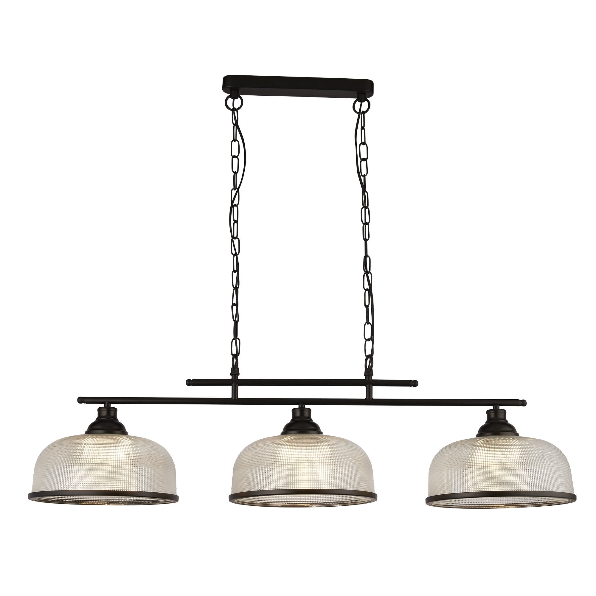 3593-3BK Highworth 3 Light Bar Pendant Black Metal Holophane Style Glass