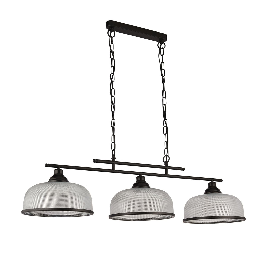 3593-3BK Highworth 3 Light Bar Pendant Black Metal Holophane Style Glass