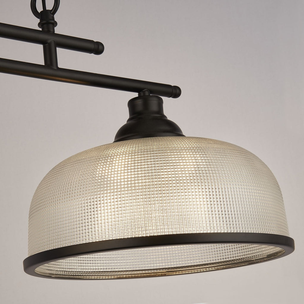 3593-3BK Highworth 3 Light Bar Pendant Black Metal Holophane Style Glass