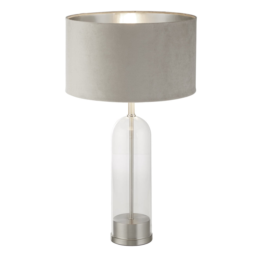 81713TA Oxford Table Lamp Glass Satin Nickel Taupe Velvet Shade