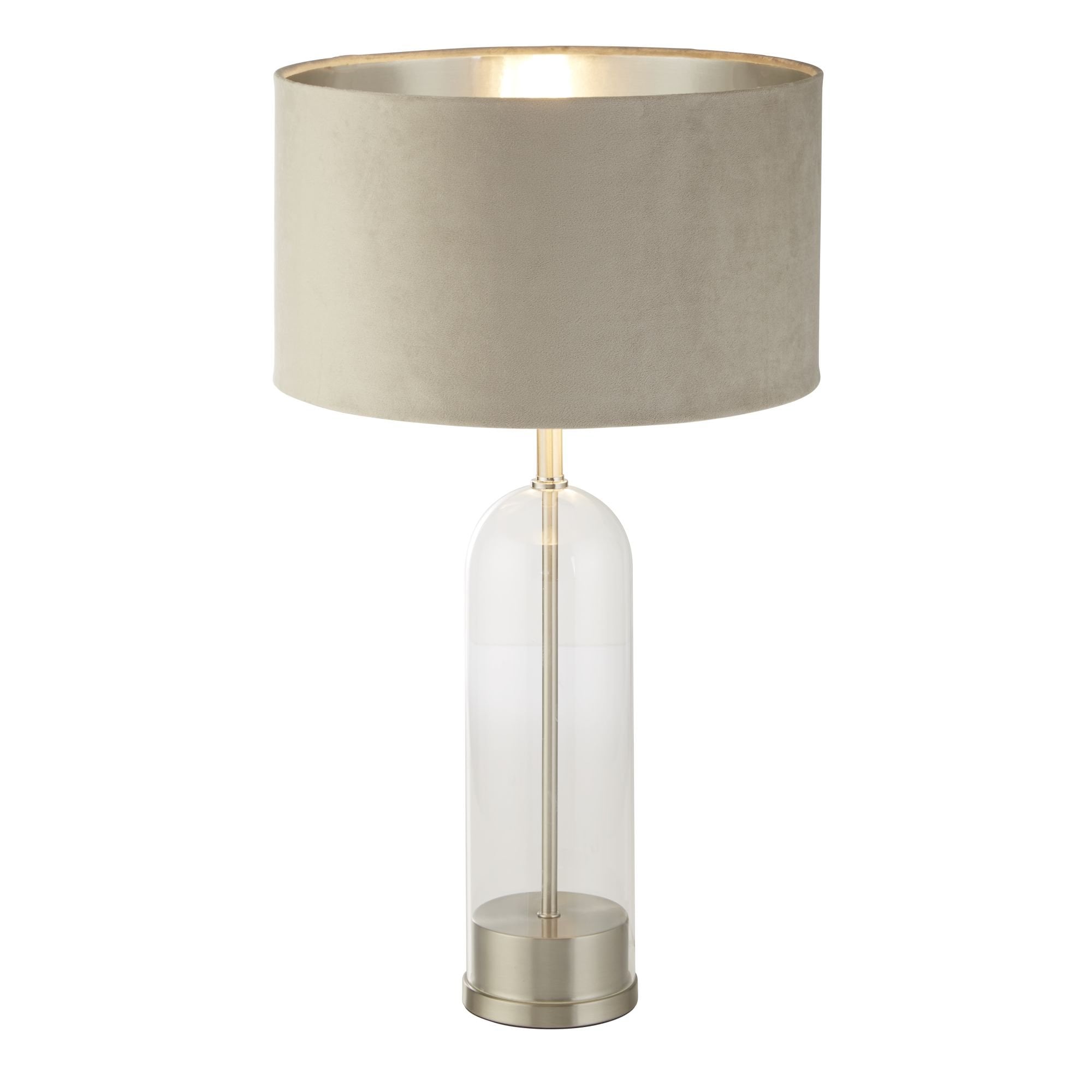 81713TA Oxford Table Lamp Glass Satin Nickel Taupe Velvet Shade