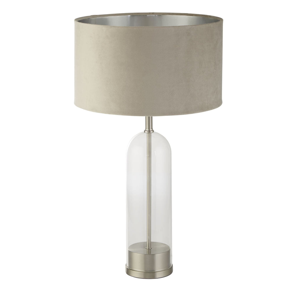 81713TA Oxford Table Lamp Glass Satin Nickel Taupe Velvet Shade